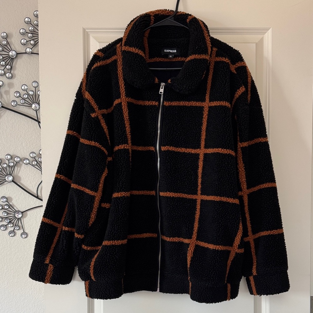 Express Women's Size M/L‎ Black and Brown Grid Teddy Jacket